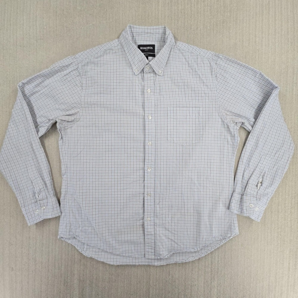 Bonobos Shirt Mens XL White Blue Check Long Sleeve Button Down Slim Fit Casual